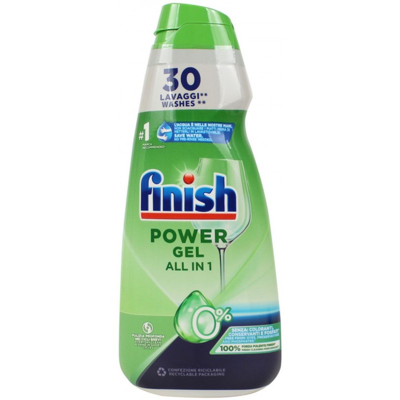 Detersivo lavastoviglie gel Finish Power Gel 600 ml 30 lavaggi 0% senza coloranti, conservanti e fosfati