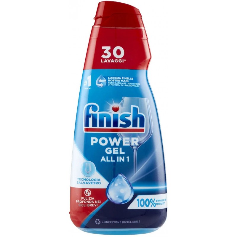 Detersivo lavastoviglie gel Finish Power Gel All in 1 max 600 ml 30 lavaggi 100% stoviglie più protette