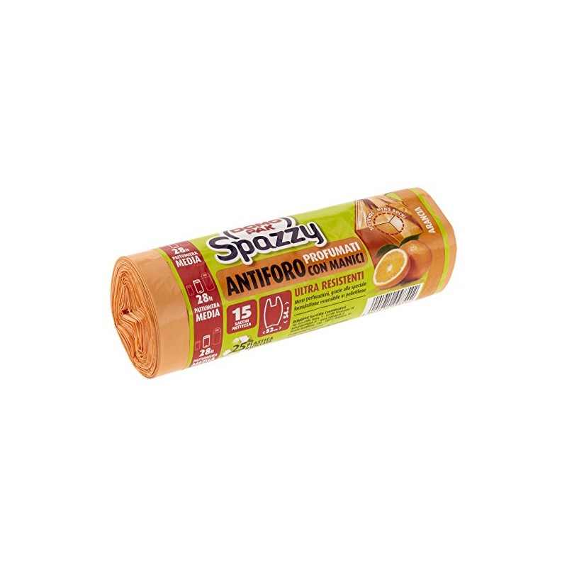 Sacchi pattumiera Spazzy Domopak 52x54 (28 L) 15 pz arancioni, profumati all'arancia, per immondizia / rifiuti / spazzatura