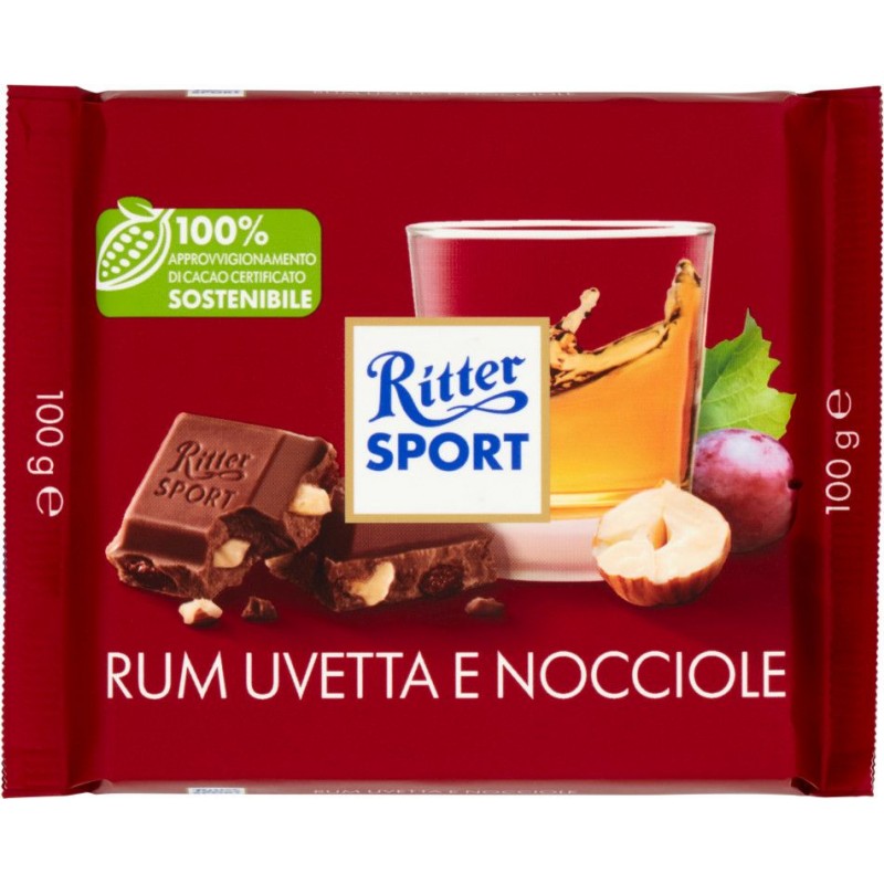 Cioccolata Ritter 100 g al latte con rum giamaicano uvetta e nocciole