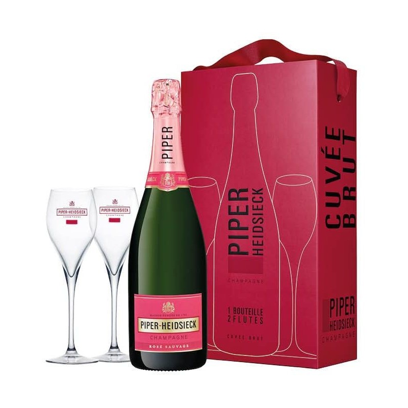 Champagne Piper-Heidsieck 75 cl con 2 flute, Rosè Sauvage Extra Brut in confezione regalo