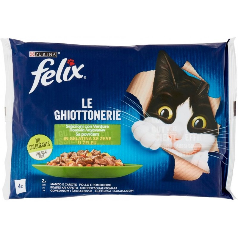 Bustine gatto Felix Le Ghiottonerie 85 g x 4 pz selezioni con verdure in gelatina manzo e carote, pollo e pomodoro