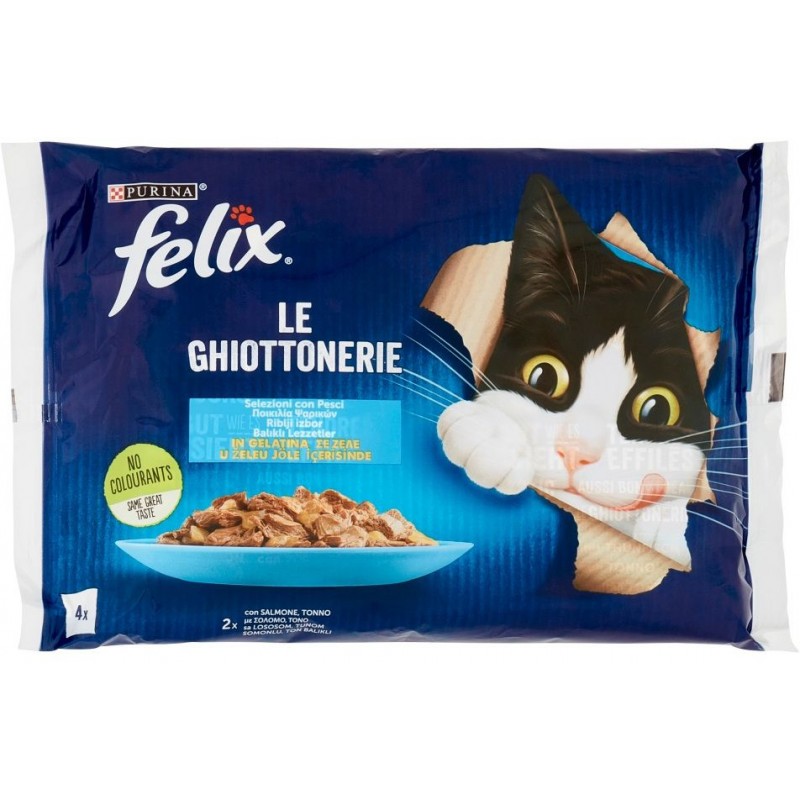 Bustine gatto Felix Le Ghiottonerie 85 g x 4 pz selezioni con pesci in gelatina con salmone, tonno