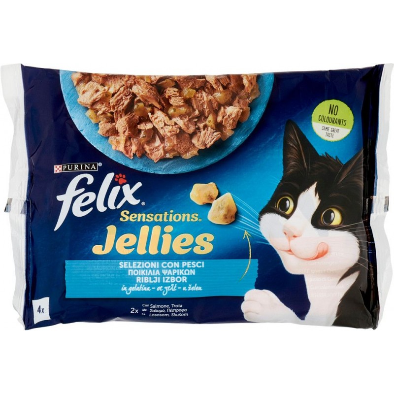 Bustine gatto Felix Sensations Jellies 85 g x 4 pz selezioni con pesci in gelatina salmone trota