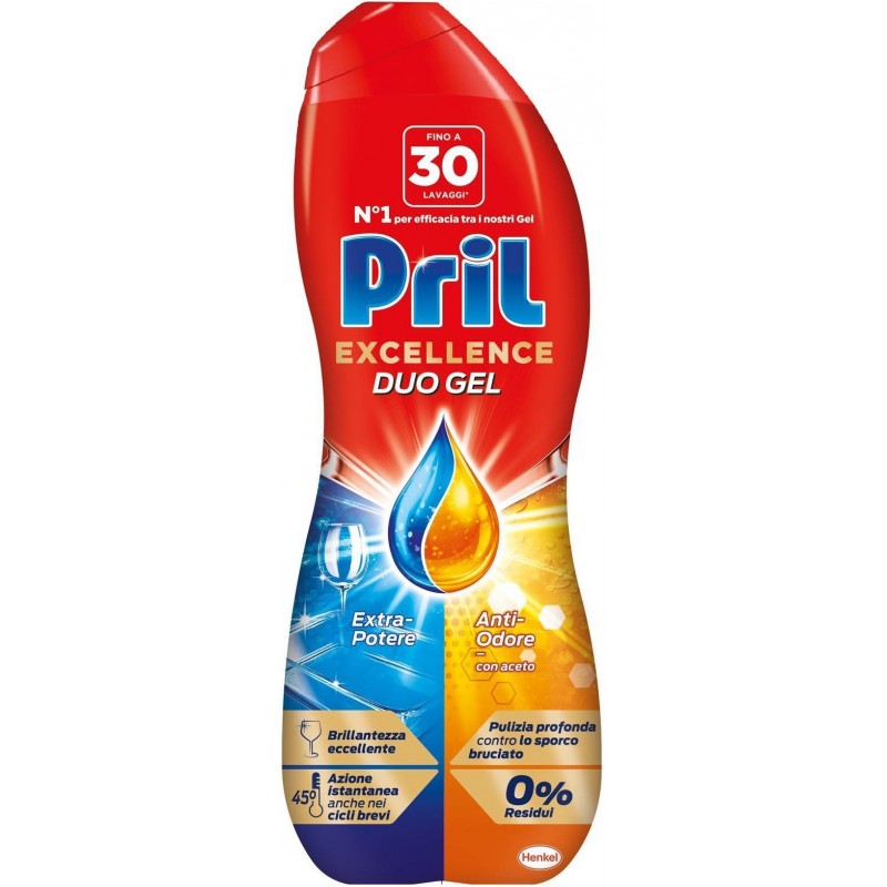 Detersivo lavastoviglie Pril duo gel anti odore 540 ml con aceto 30 lavaggi