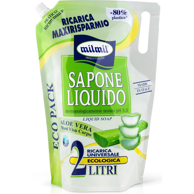 Sapone liquido Mil MIl 2 L aloe vera, pH 5.5, mani, viso e corpo, in busta ricarica