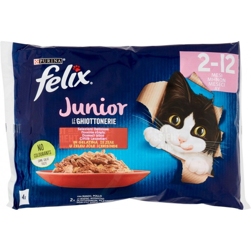 Bustine gatto Felix Junior Le Ghiottonerie 85 g x 4 pz selezioni deliziose in gelatina con manzo, pollo