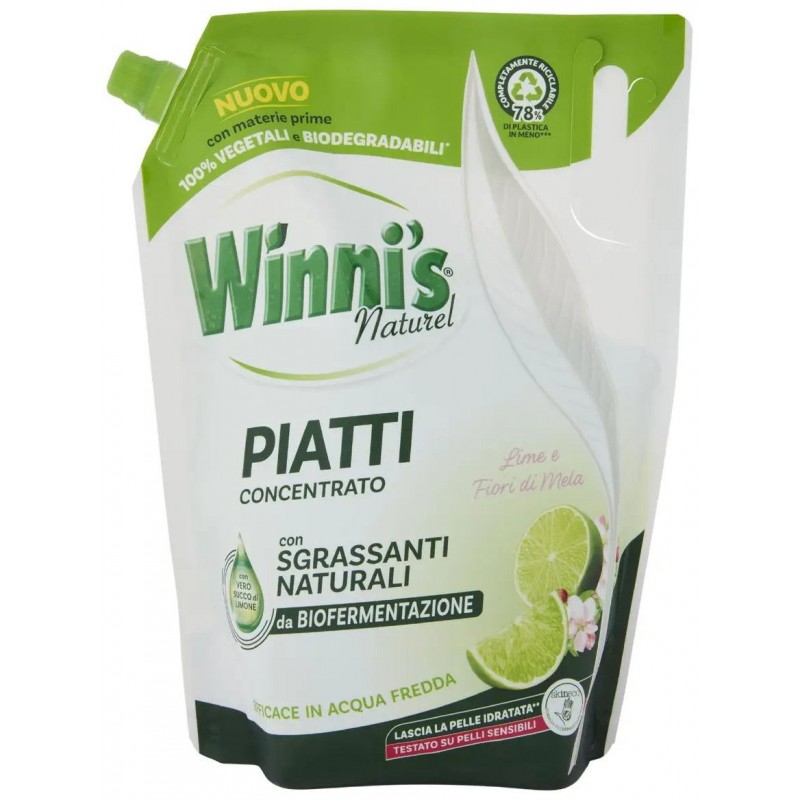 Detersivo piatti concentrato Winni's Naturel Lime e Fiori di Mela 900 ml in busta ipoallergenico