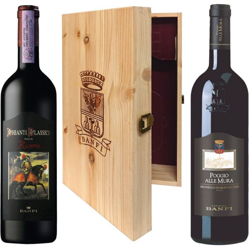 Confezione regalo Banfi in legno chiaro con: 1 Brunello di Montalcino DOCG Poggio alle Mura e 1 Chianti Classico DOCG Riserva