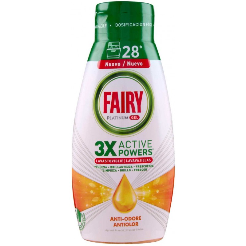 Detersivo lavastoviglie gel Fairy Platinum 504 ml 28 lavaggi anti odore