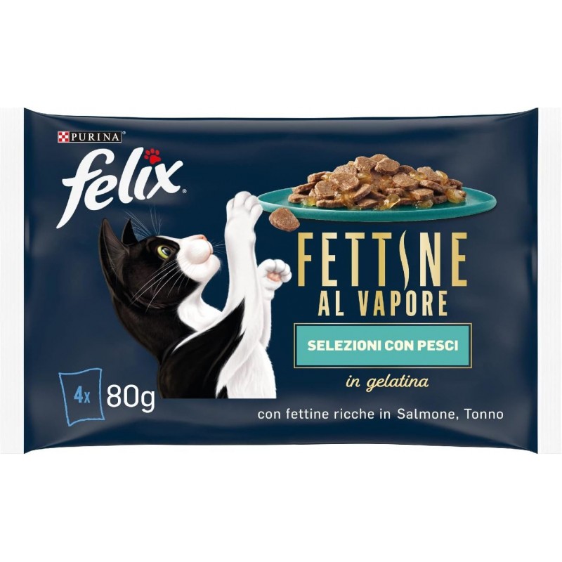 Bustine gatto Felix fettine al vapore 80 g x 4 pz selezioni con pesce in gelatina salmone e tonno