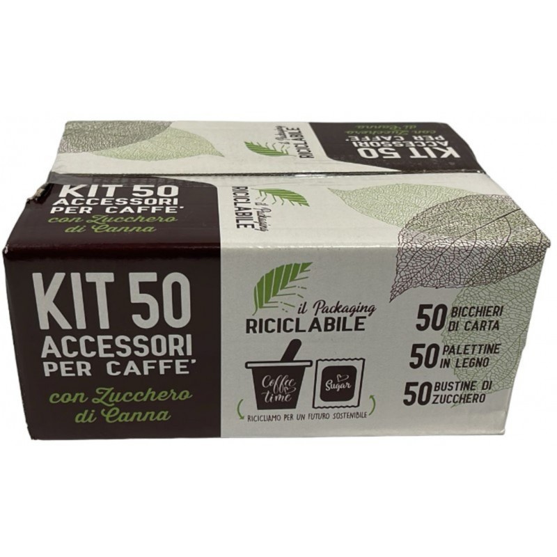 Kit accessori per caffe' bicchieri palette e zucchero di canna 50 pz