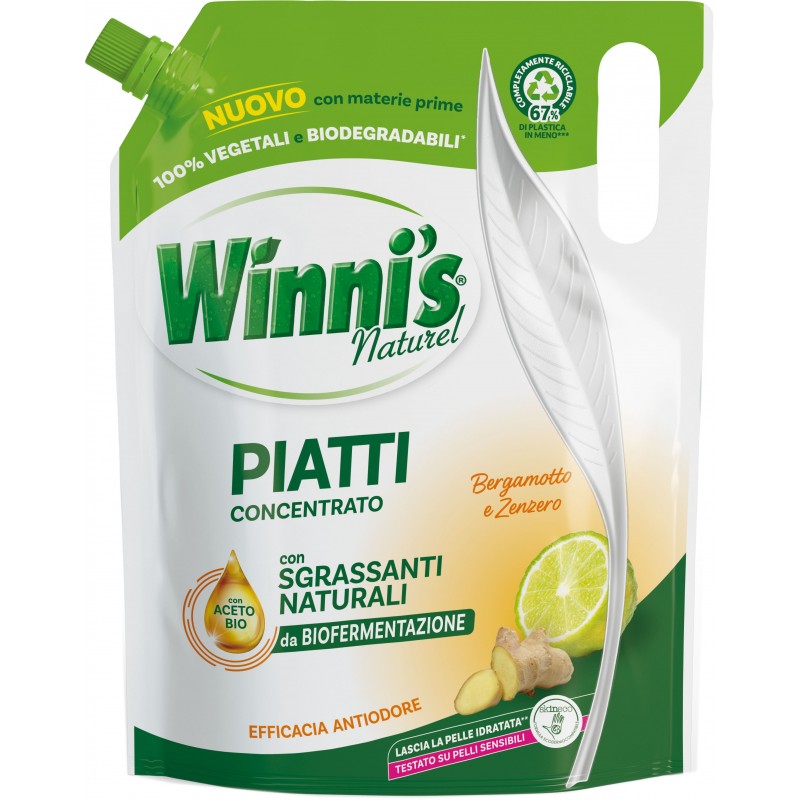 Detersivo piatti concentrato Winni's Naturel Bergamotto e Zenzero 900 ml in busta ipoallergenico